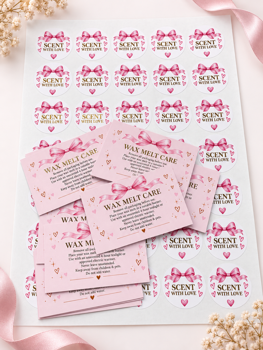 Wax Melt Care Cards & Foiled Stickers Bundle | 20 Cards + 35 Stickers
