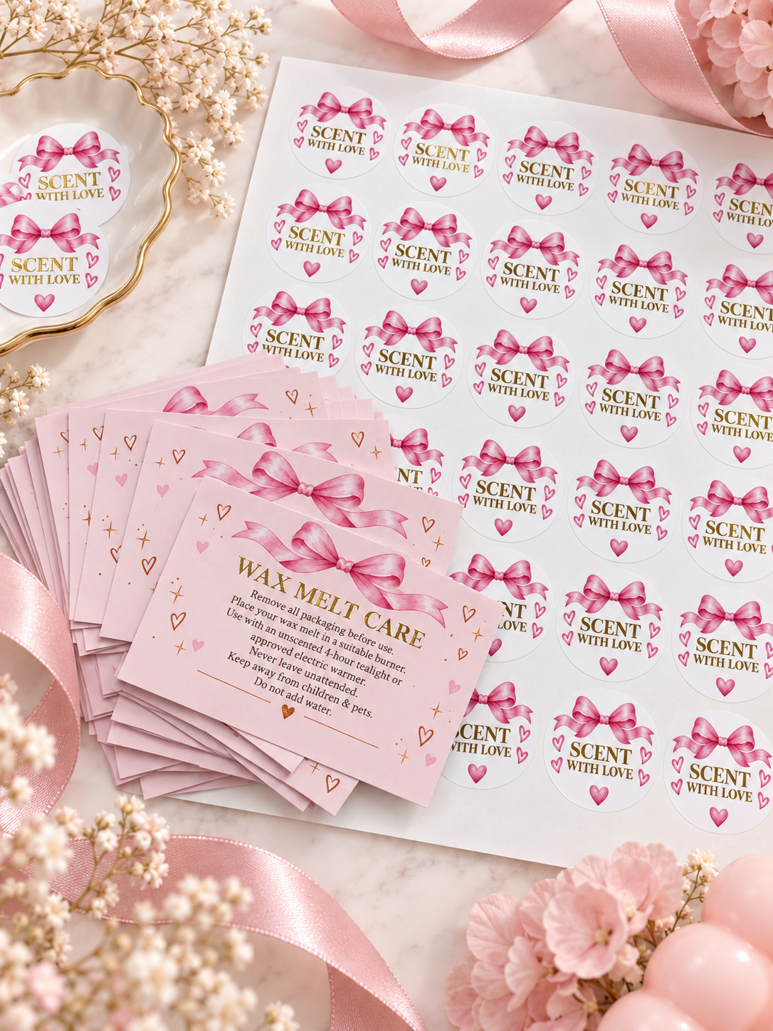 Wax Melt Care Cards & Foiled Stickers Bundle | 20 Cards + 35 Stickers