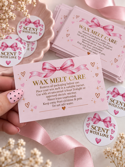 Wax Melt Care Cards & Foiled Stickers Bundle | 20 Cards + 35 Stickers