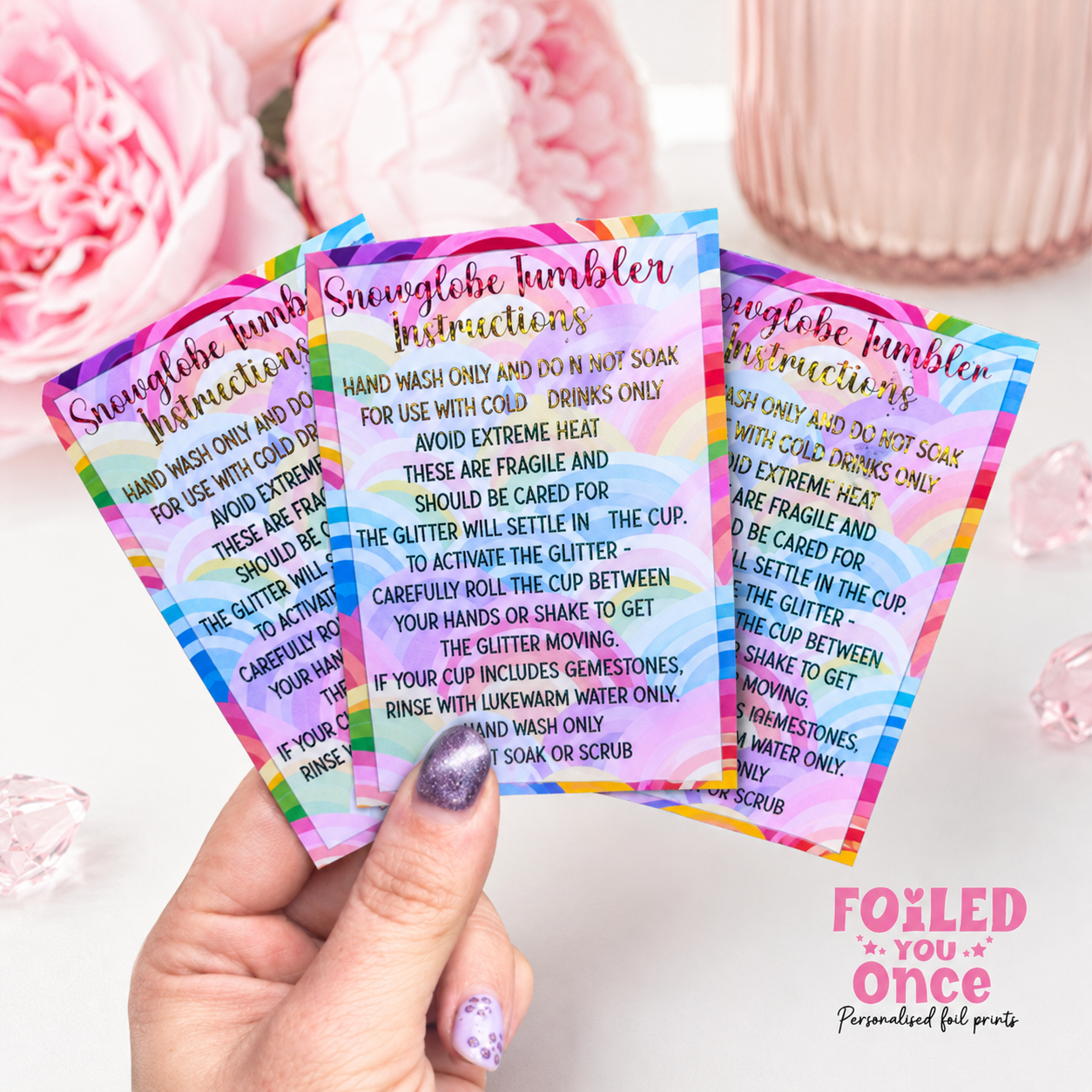 Rainbow Snow globe Tumbler Care Cards 85mm x 55mm |  Foil Care Instructions | Small Business Packaging Inserts