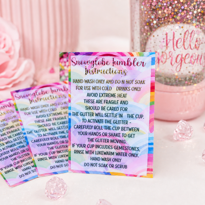 Rainbow Snow globe Tumbler Care Cards 85mm x 55mm |  Foil Care Instructions | Small Business Packaging Inserts
