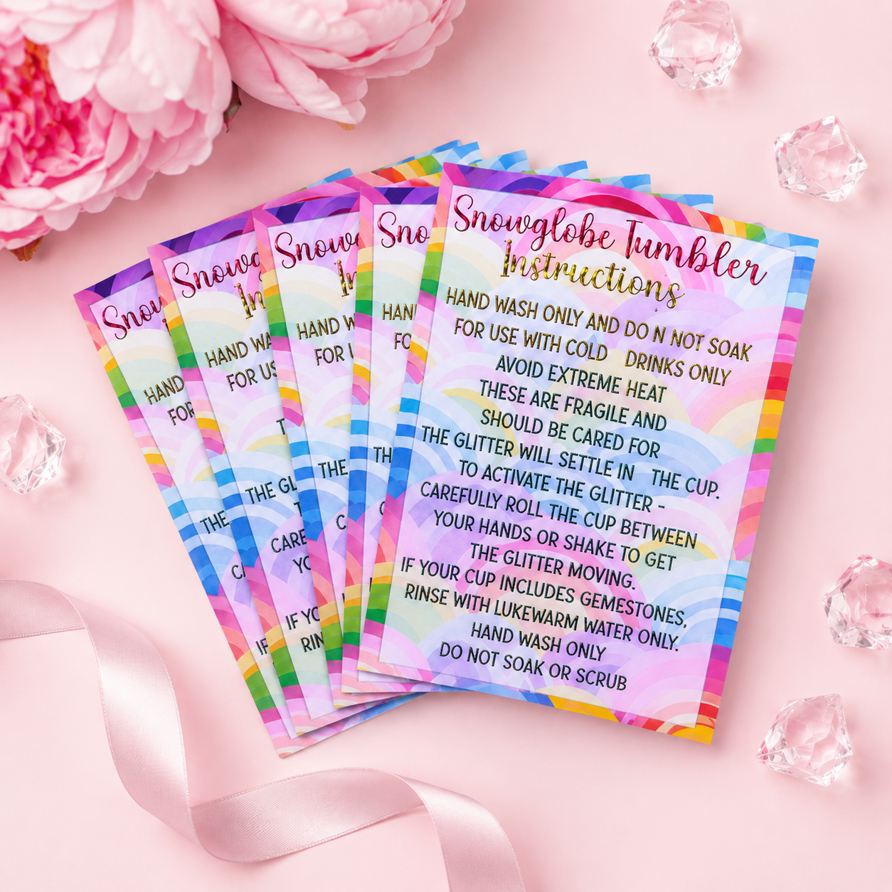 Rainbow Snow globe Tumbler Care Cards 85mm x 55mm |  Foil Care Instructions | Small Business Packaging Inserts