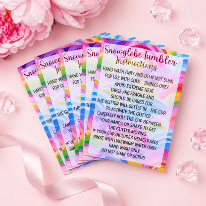 Rainbow Snow globe Tumbler Care Cards 85mm x 55mm |  Foil Care Instructions | Small Business Packaging Inserts