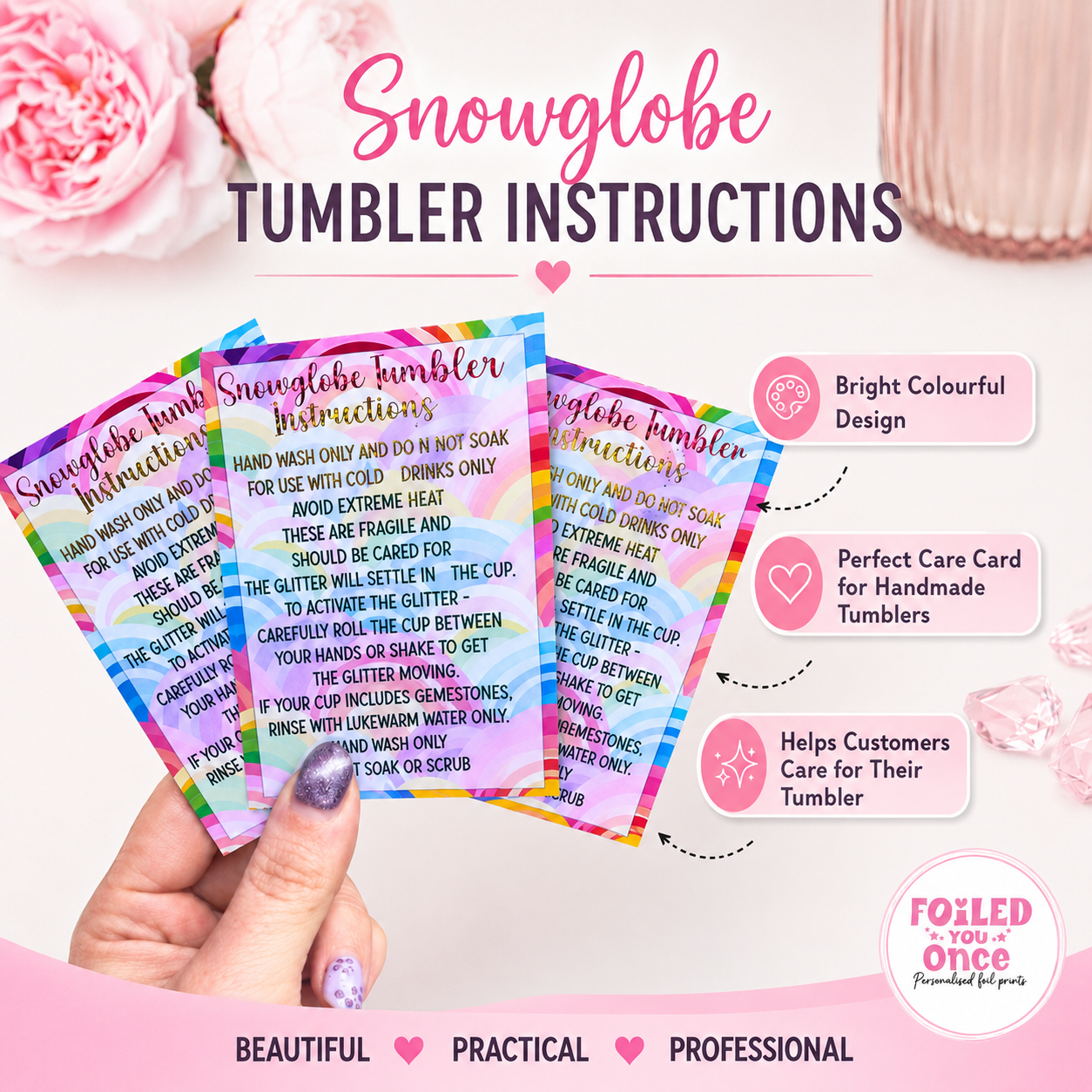 Rainbow Snow globe Tumbler Care Cards 85mm x 55mm |  Foil Care Instructions | Small Business Packaging Inserts