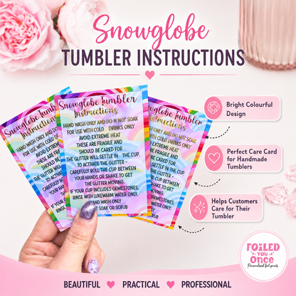 Rainbow Snow globe Tumbler Care Cards 85mm x 55mm |  Foil Care Instructions | Small Business Packaging Inserts