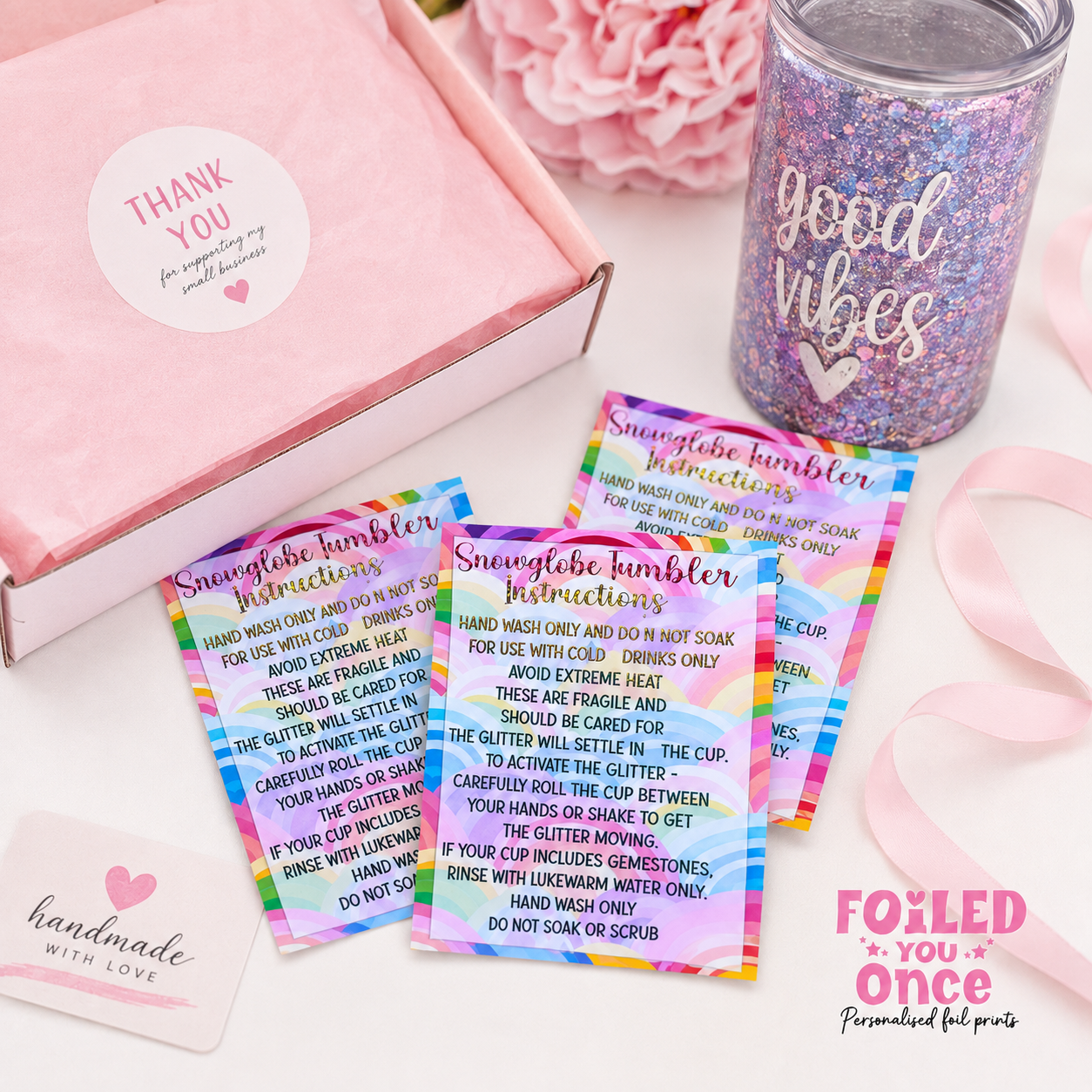 Rainbow Snow globe Tumbler Care Cards 85mm x 55mm |  Foil Care Instructions | Small Business Packaging Inserts