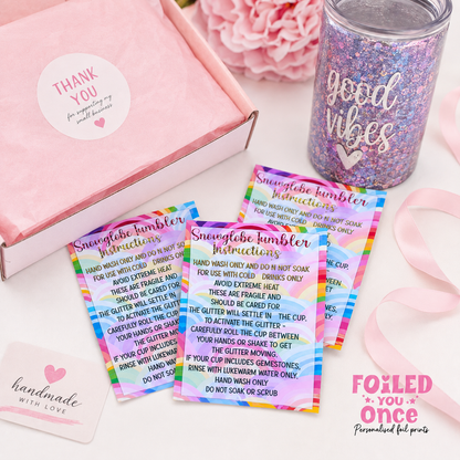 Rainbow Snow globe Tumbler Care Cards 85mm x 55mm |  Foil Care Instructions | Small Business Packaging Inserts