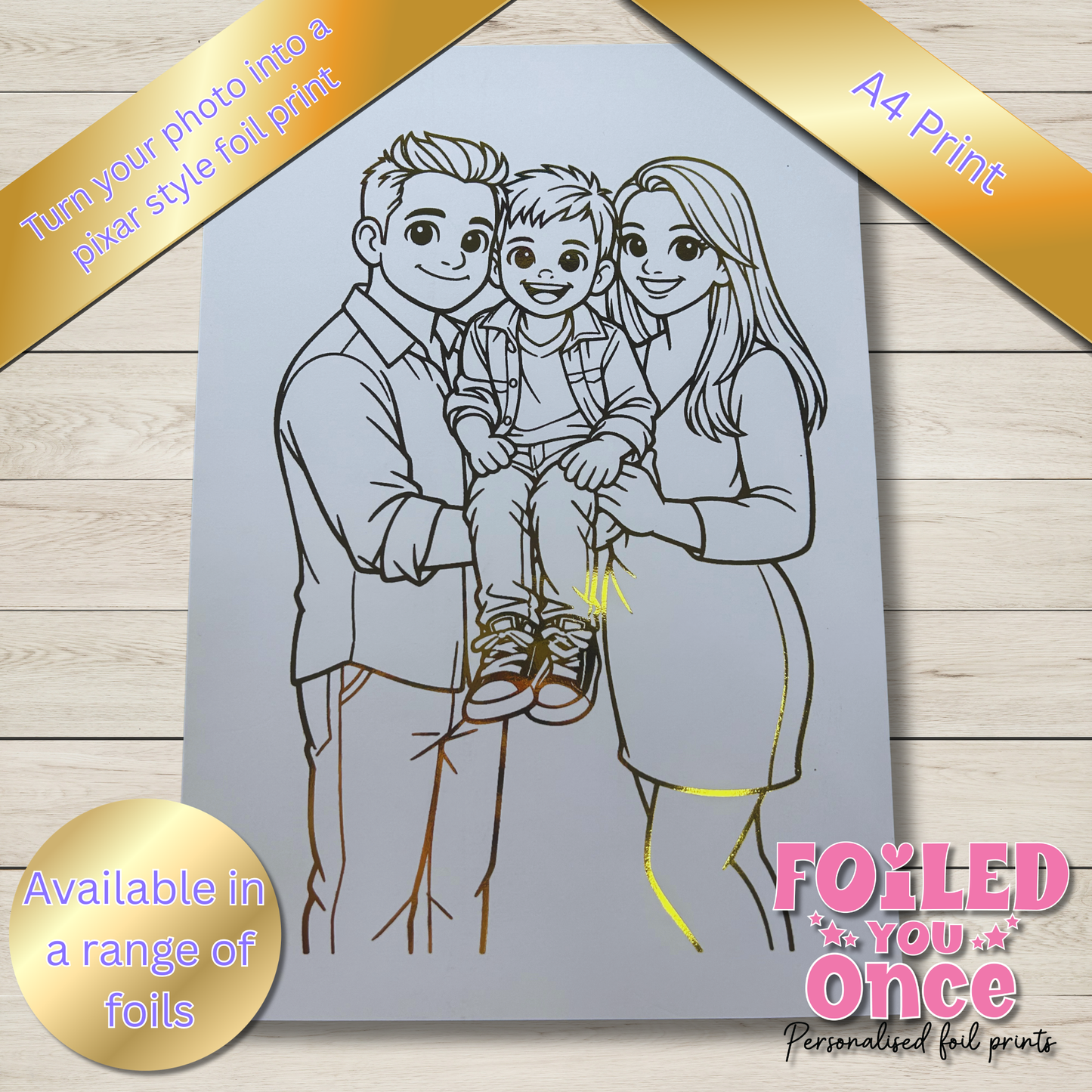 Custom Pixar-inspired family portrait print with metallic foil details, printed on premium 300gsm card