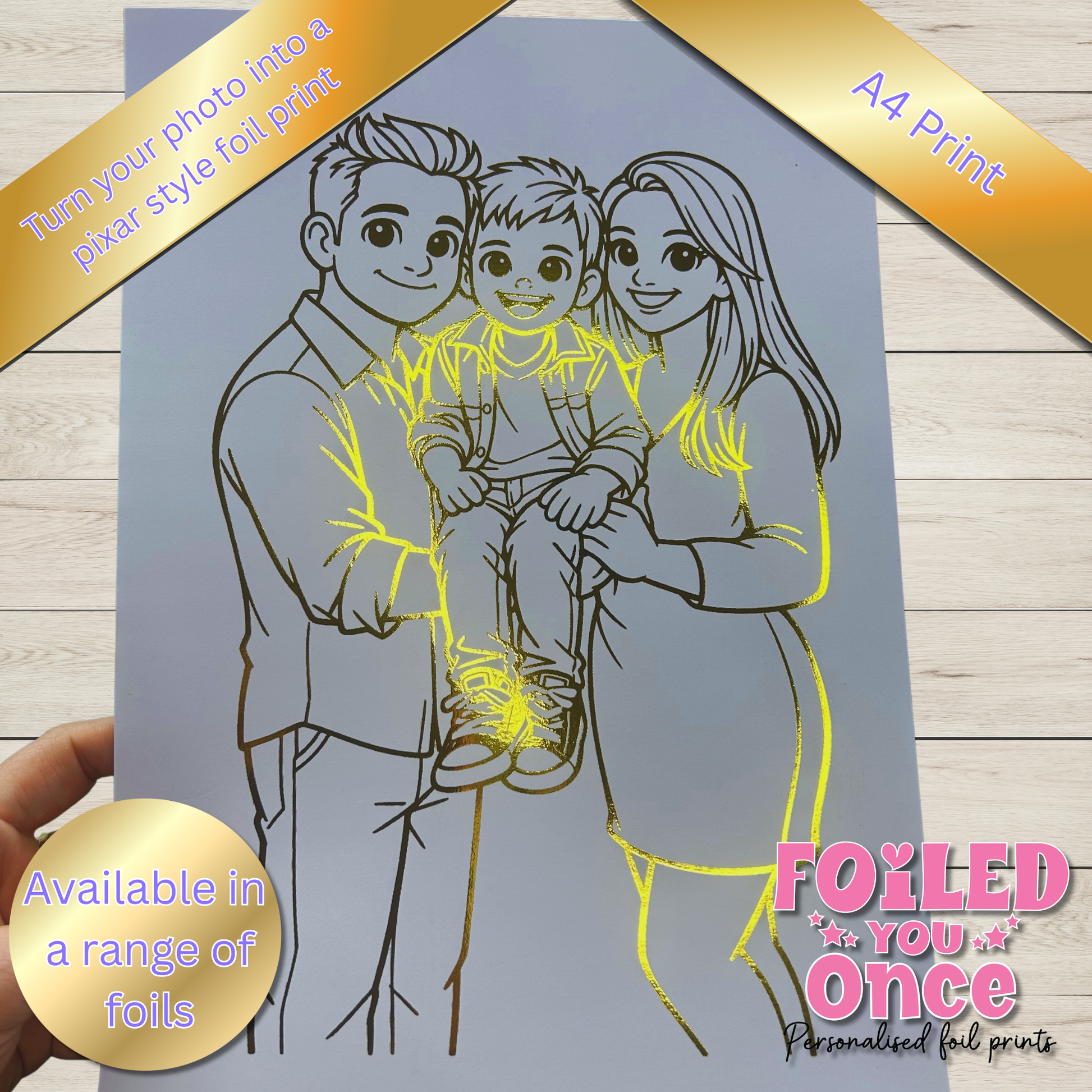 Custom cartoon family portrait from photo with foil finish, A4 print on 300gsm card