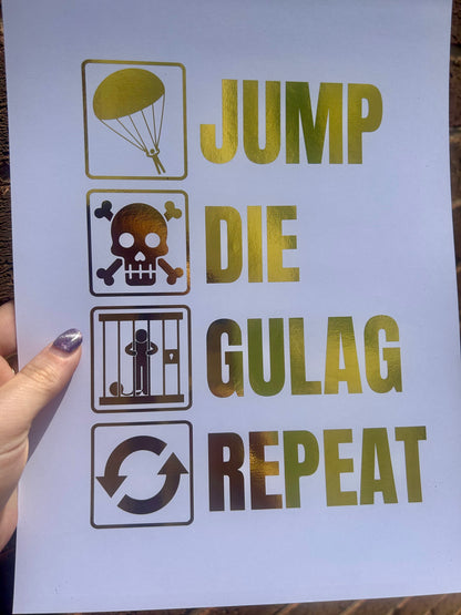 Call of Duty Inspired A4 Gold Foiled Print – Jump Die Gulag Repeat Gaming Wall Art