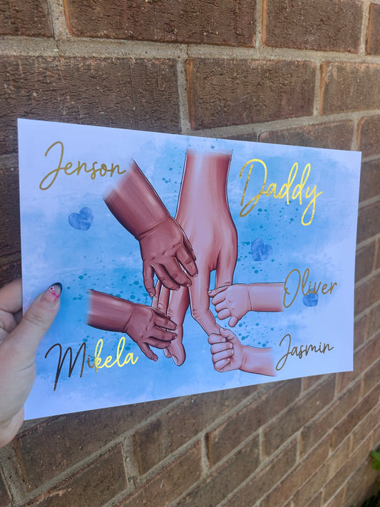 Personalised Daddy and Child Hands Print, Gold Foil Elements (Fully Personalised)