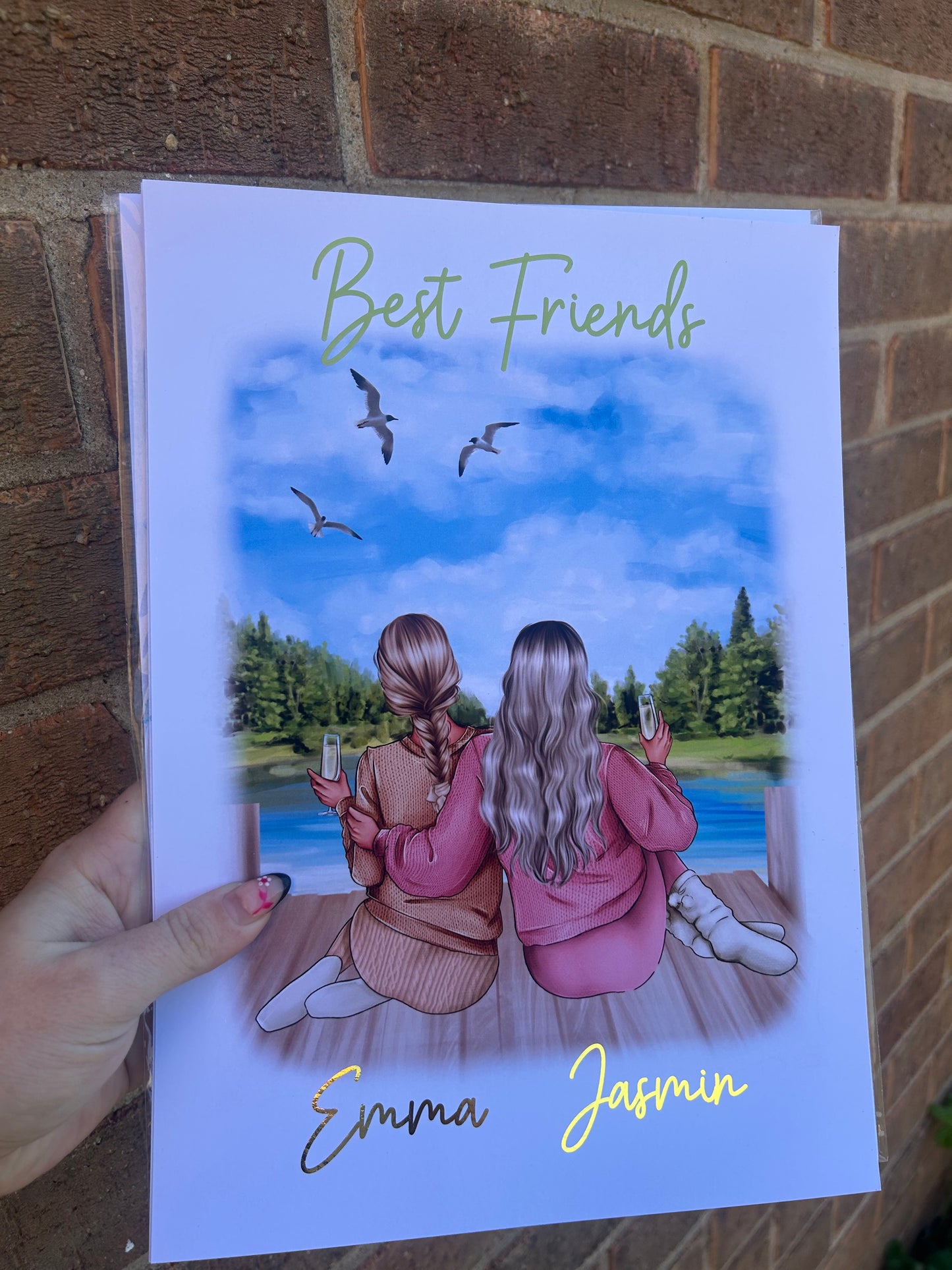 Personalised Friends Wall Print, Custom Names, Gold Foil A4 Friendship Art