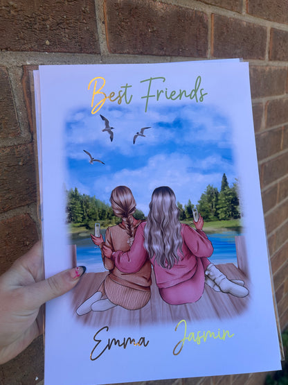 Personalised Friends Wall Print, Custom Names, Gold Foil A4 Friendship Art