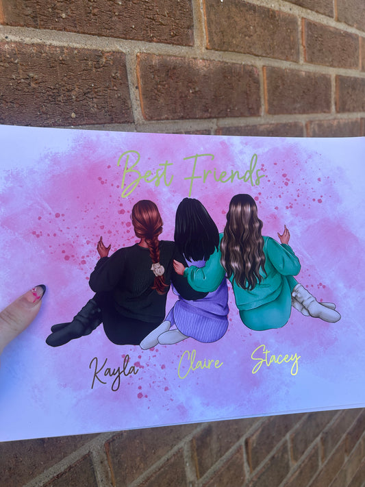 Personalised Friends Wall Print, Custom Names, Gold Foil A4 Friendship Art