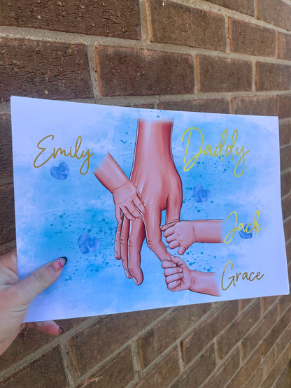 Personalised Daddy and Child Hands Print, Gold Foil Elements (Fully Personalised)