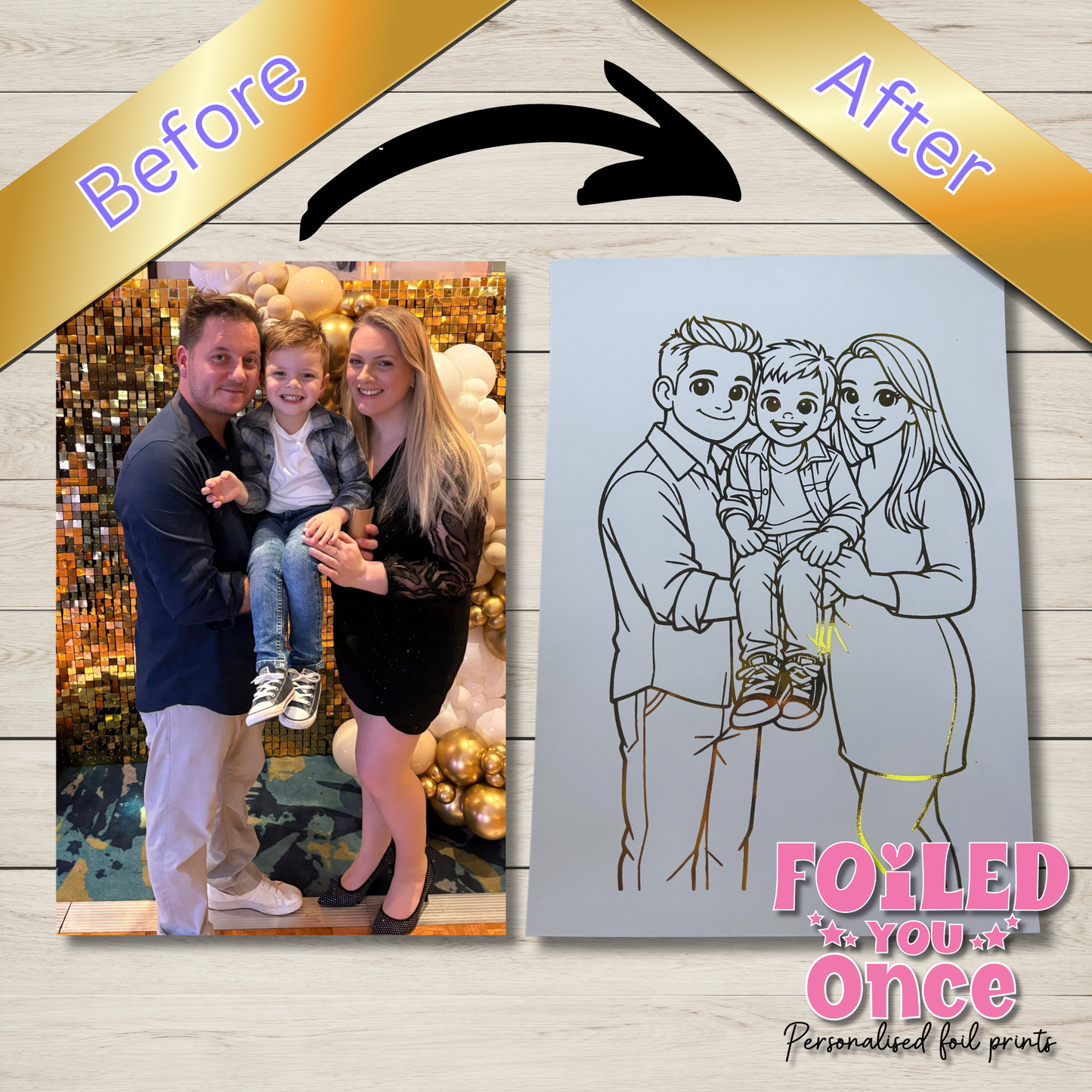 Personalised A4 foiled family portrait print in Pixar-inspired cartoon style