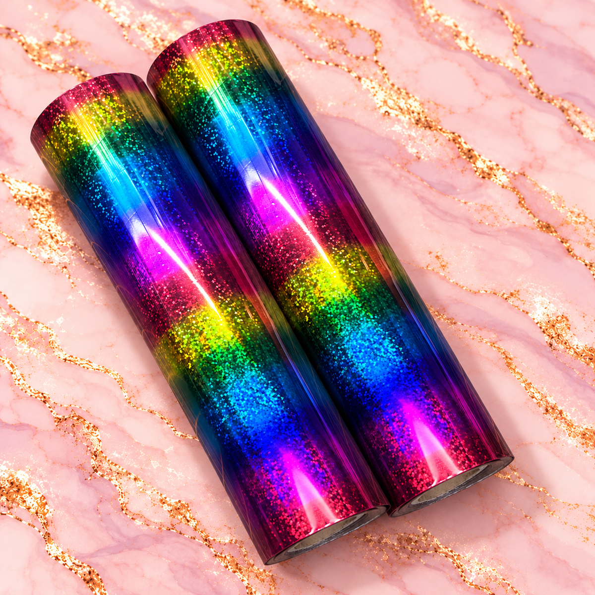 Magic Carpet rainbow glitter toner reactive foil rolls on a pink marble background