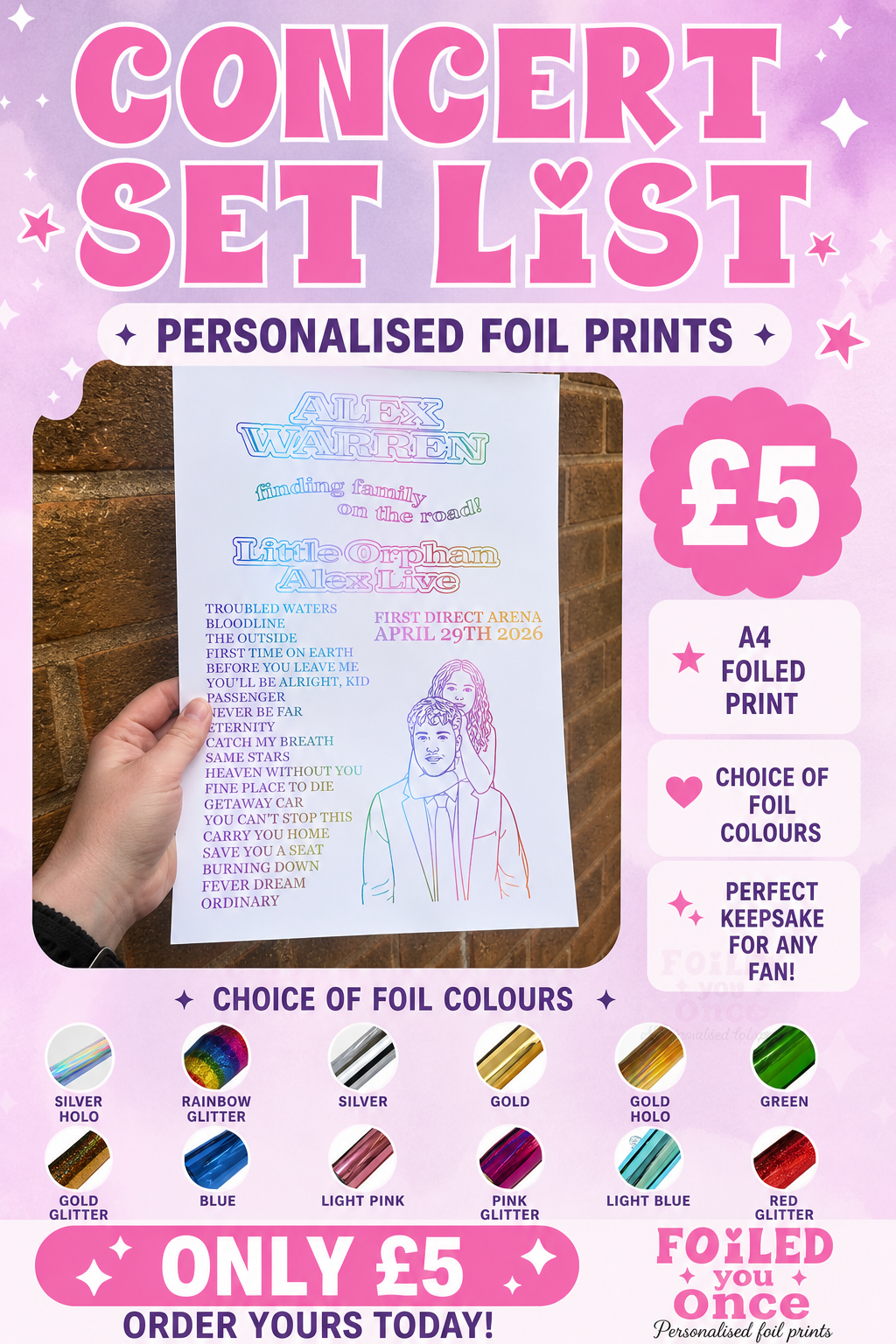 Personalised Concert Set List Foil Print