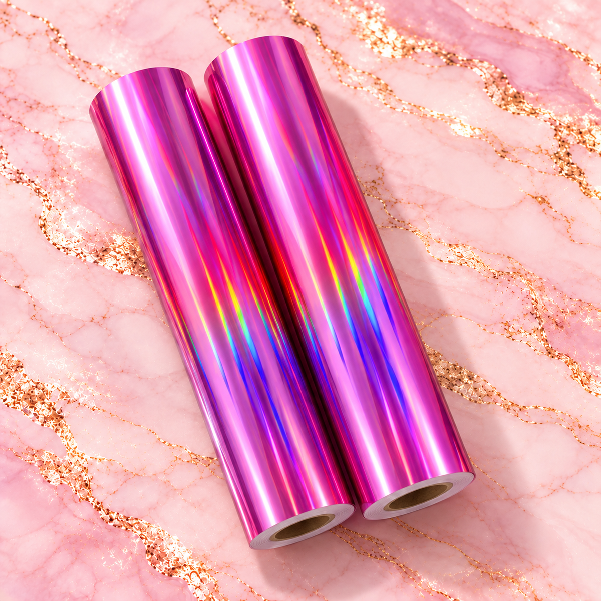 True Love’s Kiss pink holographic toner reactive foil rolls with rainbow reflections on blush pink marble
