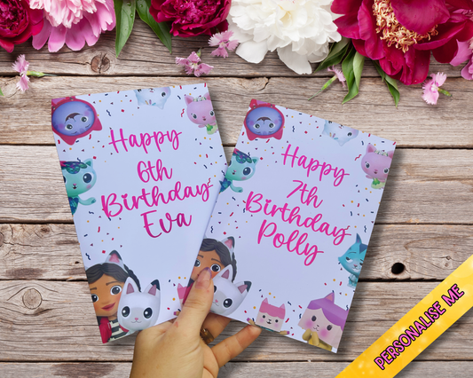 Gabbys Dollhouse Birthday Card 5x7 –  Pink Glitter Foil Finish | Cute Designer Greeting Card | Handmade Kawaii Birthday Card