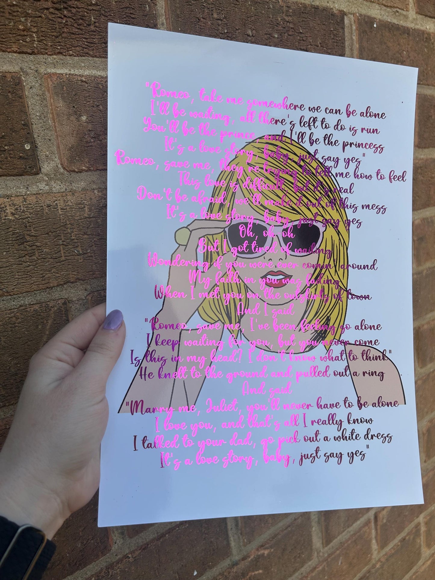 Swiftie a4 print with pink foil and song lyrics