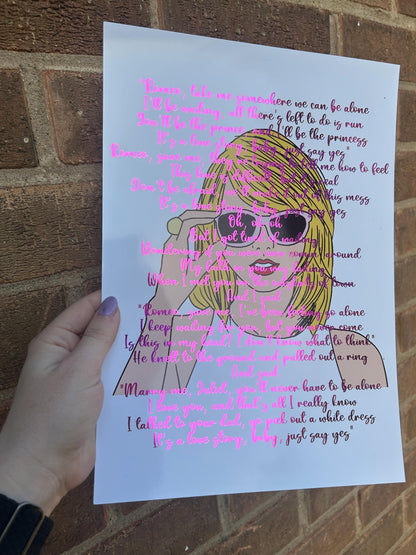 Swiftie a4 print with pink foil and song lyrics