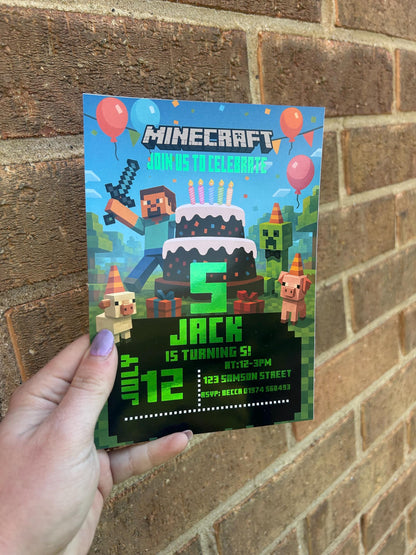 Personalised Minecraft Birthday Invitations | A5 Kids Party Invites UK