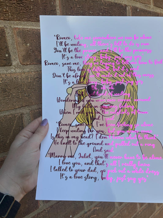 Swiftie a4 print with pink foil and song lyrics