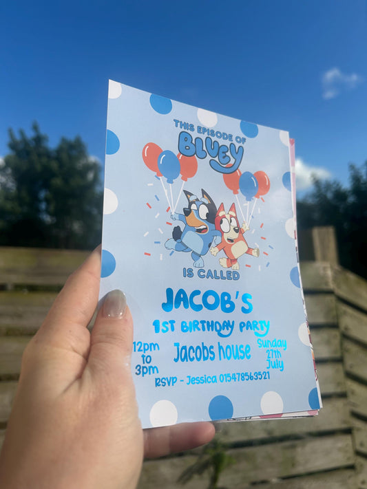 Personalised Blue Dog Birthday Invitations | A5 Kids Party Invites UK