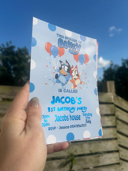 Personalised Blue Dog Birthday Invitations | A5 Kids Party Invites UK