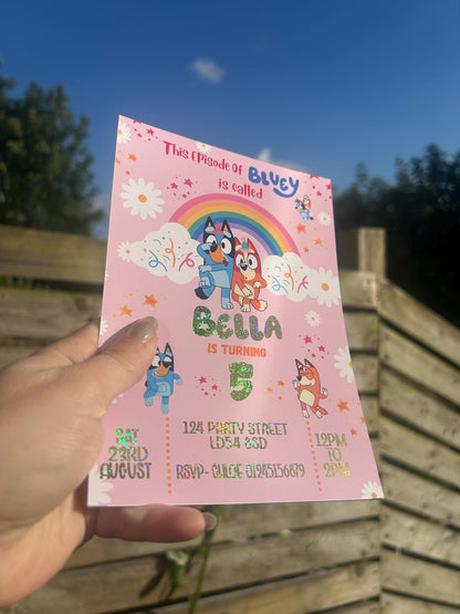 Personalised Blue Dog Pink Birthday Invitations | A5 Kids Party Invites UK