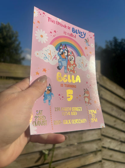 Personalised Blue Dog Pink Birthday Invitations | A5 Kids Party Invites UK