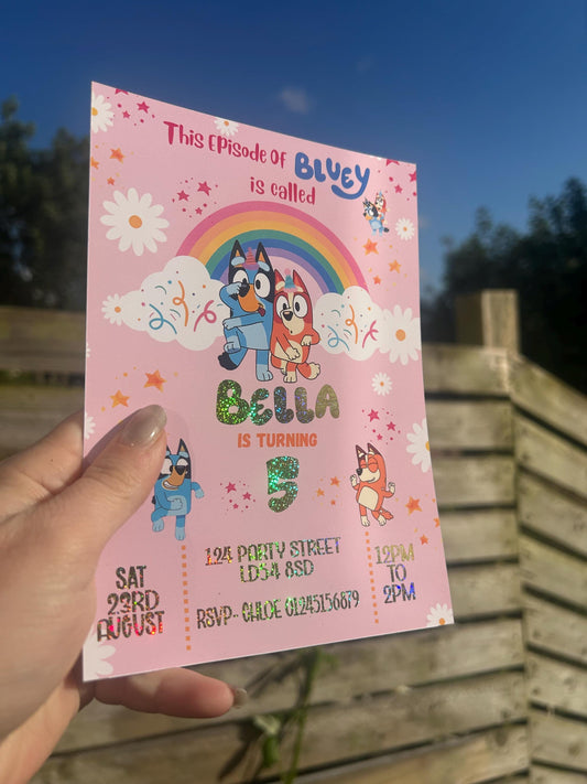 Personalised Blue Dog Pink Birthday Invitations | A5 Kids Party Invites UK