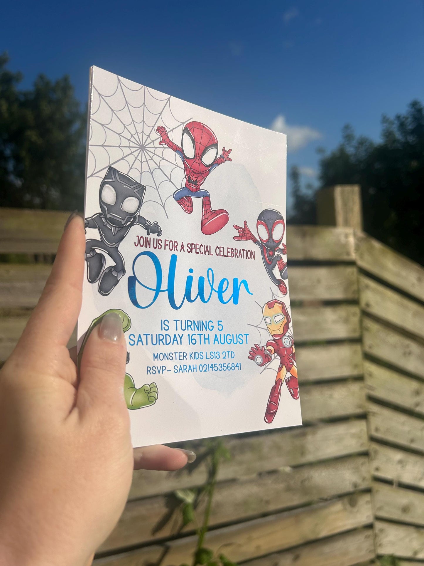 Personalised superhero birthday invitation A5 with blue foil