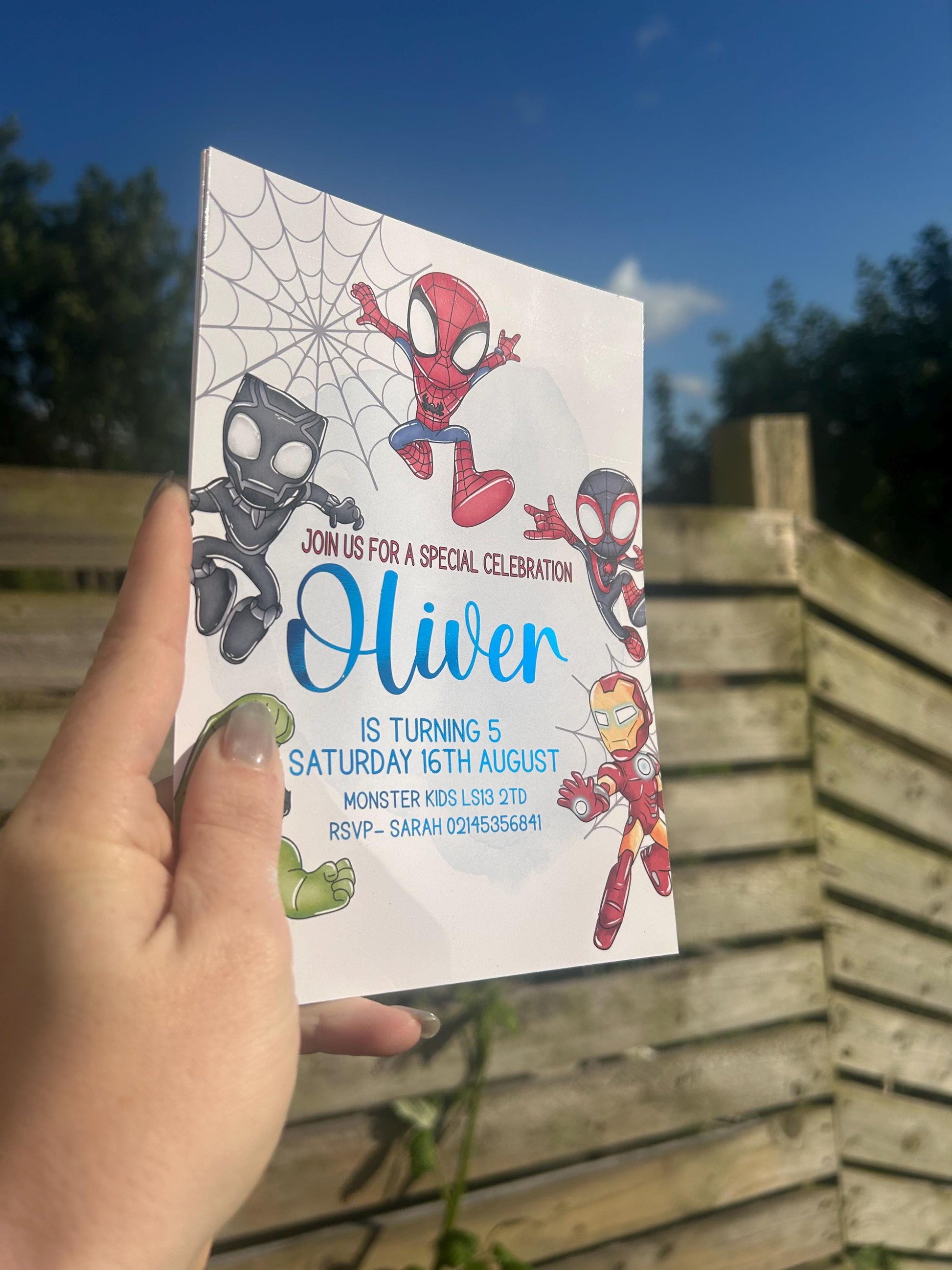 Personalised superhero birthday invitation A5 with blue foil