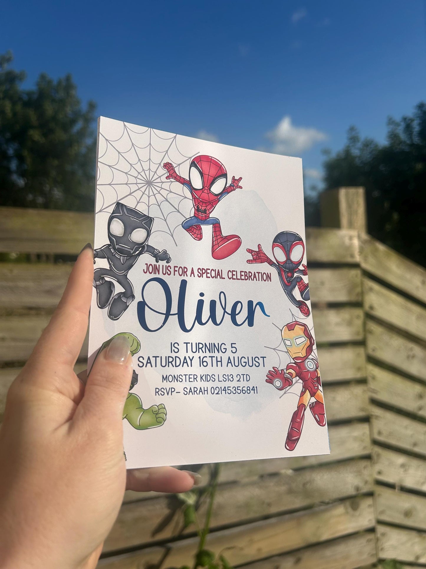 Custom superhero party invitation with personalised birthday details