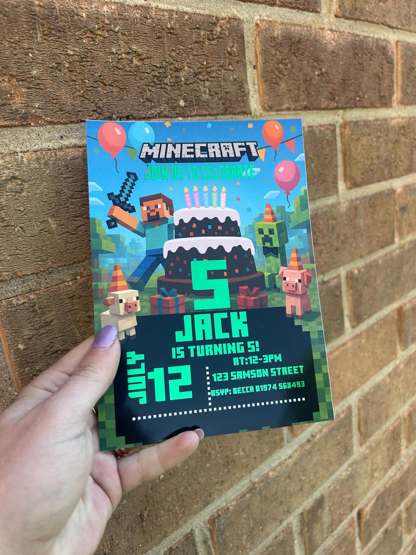 Personalised Minecraft Birthday Invitations | A5 Kids Party Invites UK