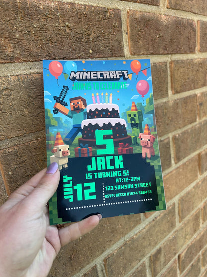 Personalised Minecraft Birthday Invitations | A5 Kids Party Invites UK