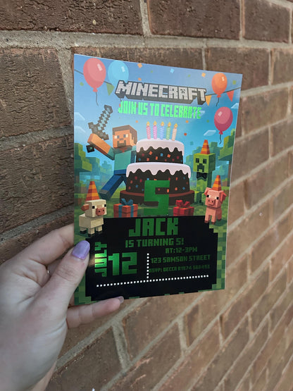 Personalised Minecraft Birthday Invitations | A5 Kids Party Invites UK