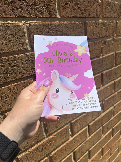 Personalised Unicorn Birthday Invitations | A5 Foil Kids Party Invites UK