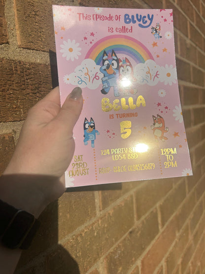 Personalised Blue Dog Pink Birthday Invitations | A5 Kids Party Invites UK