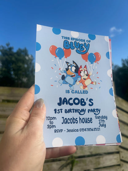 Personalised Blue Dog Birthday Invitations | A5 Kids Party Invites UK