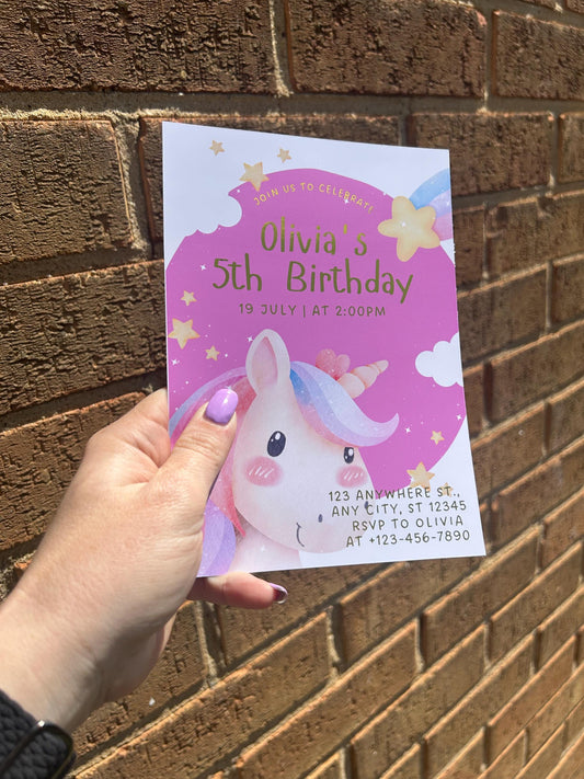 Personalised Unicorn Birthday Invitations | A5 Foil Kids Party Invites UK