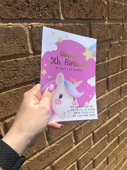 Personalised Unicorn Birthday Invitations | A5 Foil Kids Party Invites UK