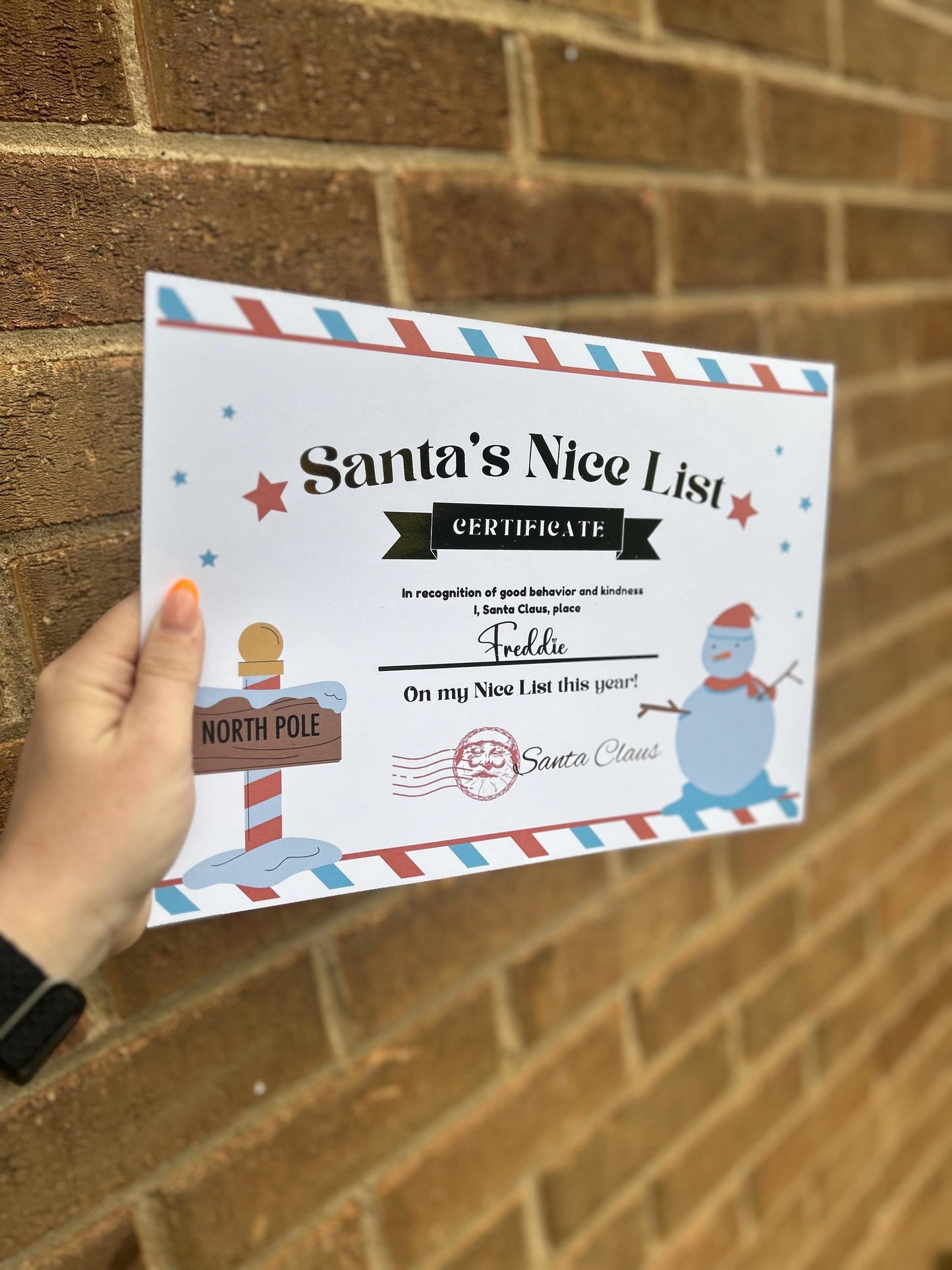 Personalised foiled Santa nice list certificate a4 size