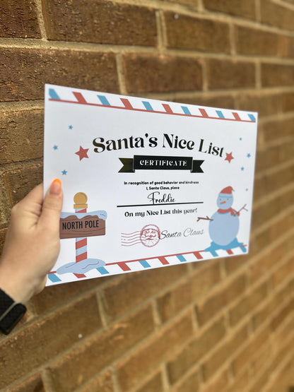 Personalised foiled Santa nice list certificate a4 size