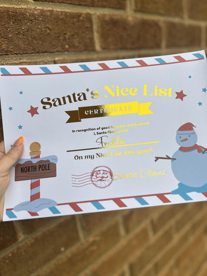 Personalised foiled Santa nice list certificate a4 size