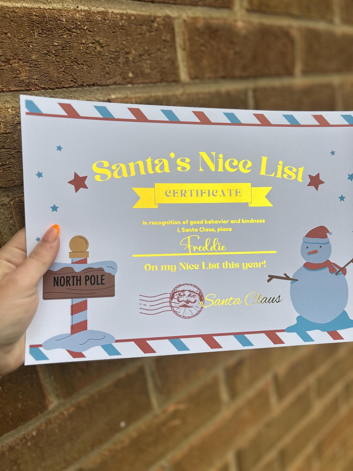 Personalised foiled Santa nice list certificate a4 size