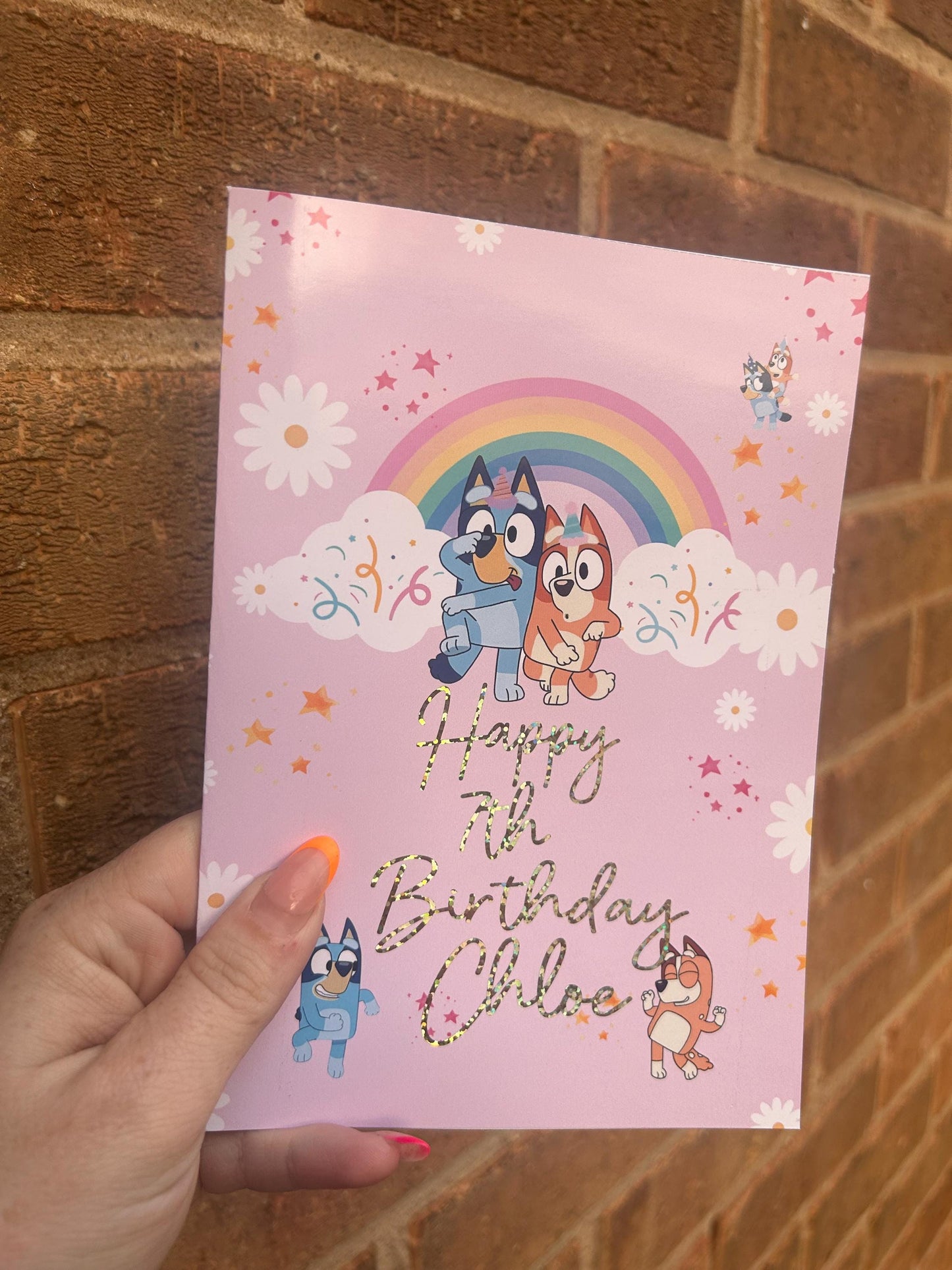 Bluey Birthday Card: Glitter Gold Foil, Handmade Greeting Card