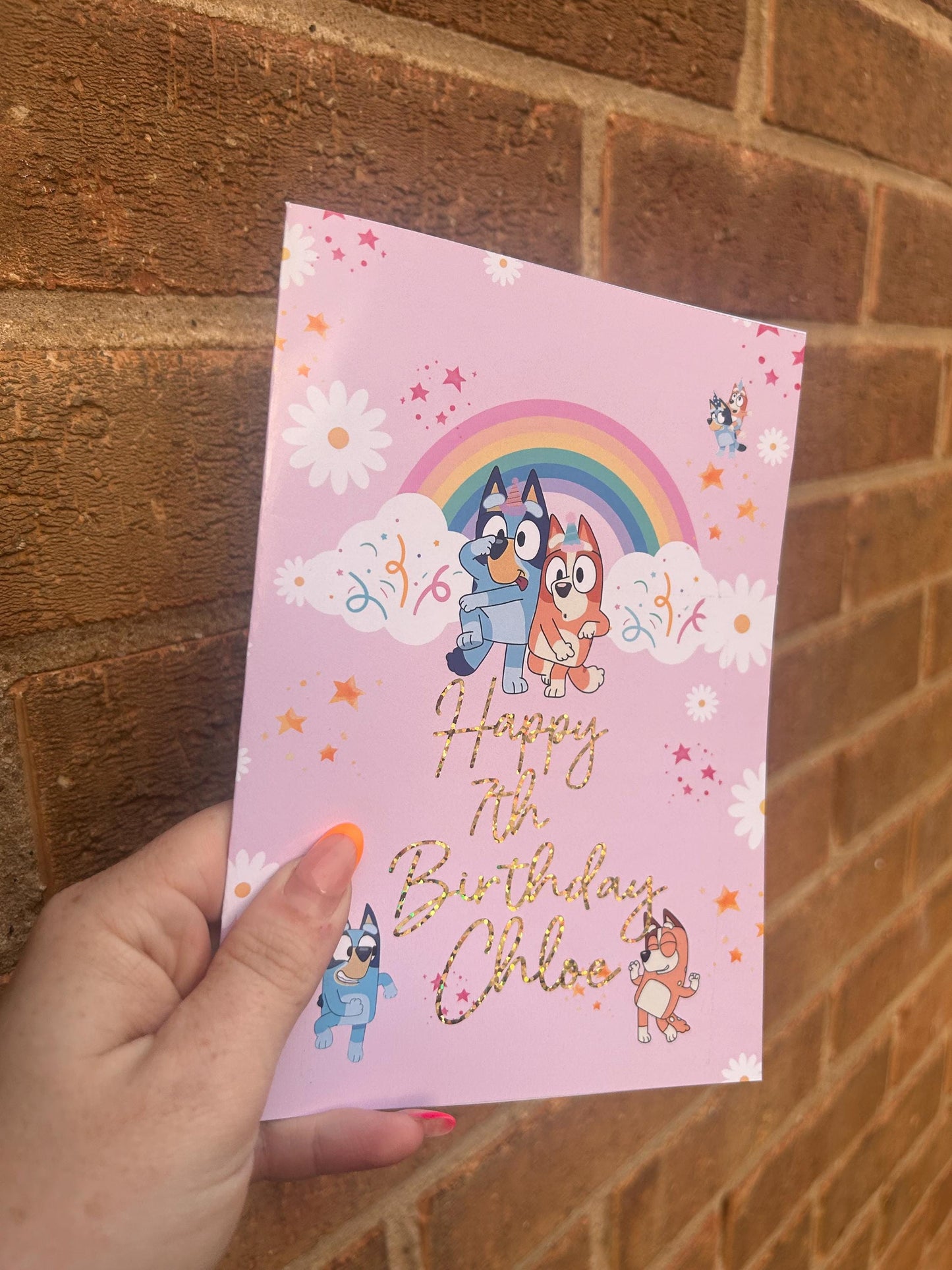 Bluey Birthday Card: Glitter Gold Foil, Handmade Greeting Card